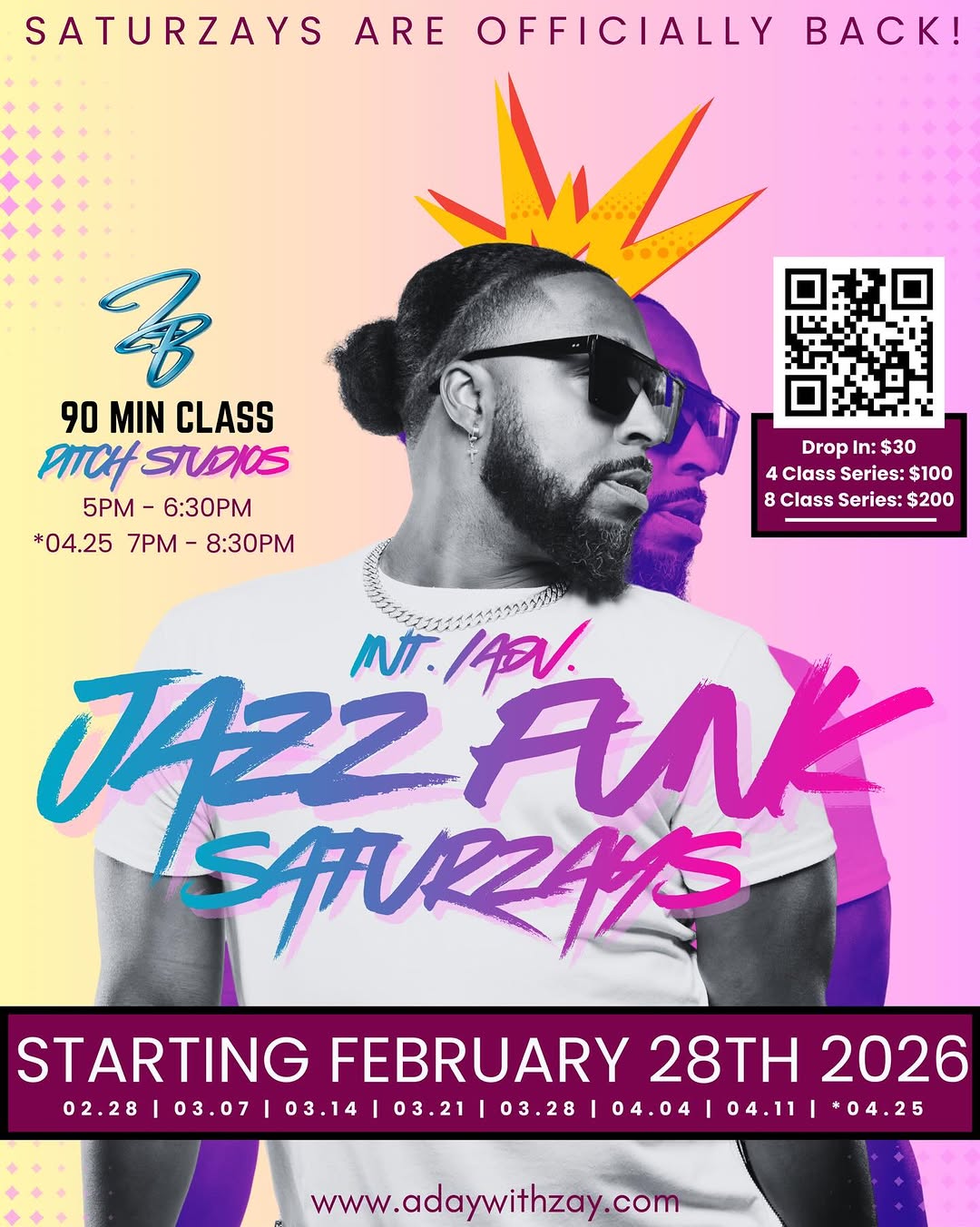 Jazz Funk SaturZays weekly drop-in class flyer by Zay's BAEs