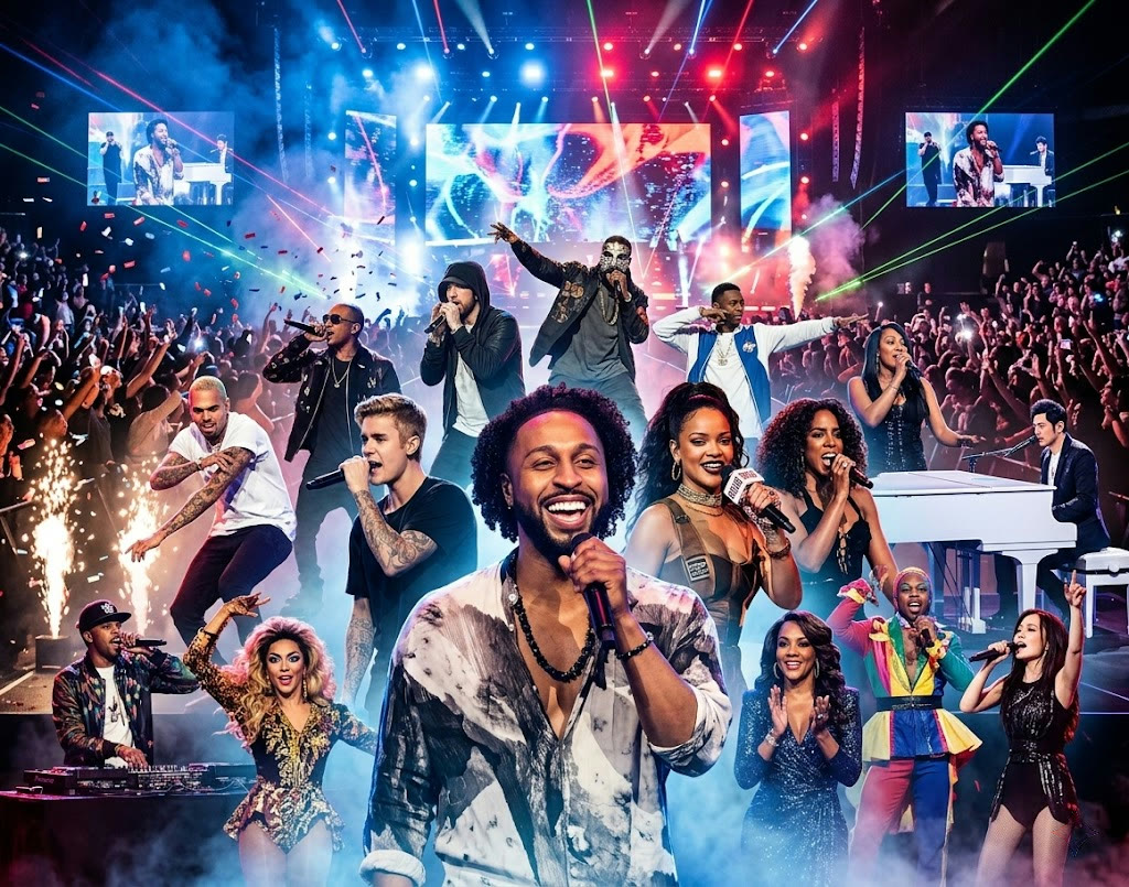 Zay performing alongside major recording artists including Chris Brown, Rihanna, Eminem, Justin Bieber, and Kelly Rowland